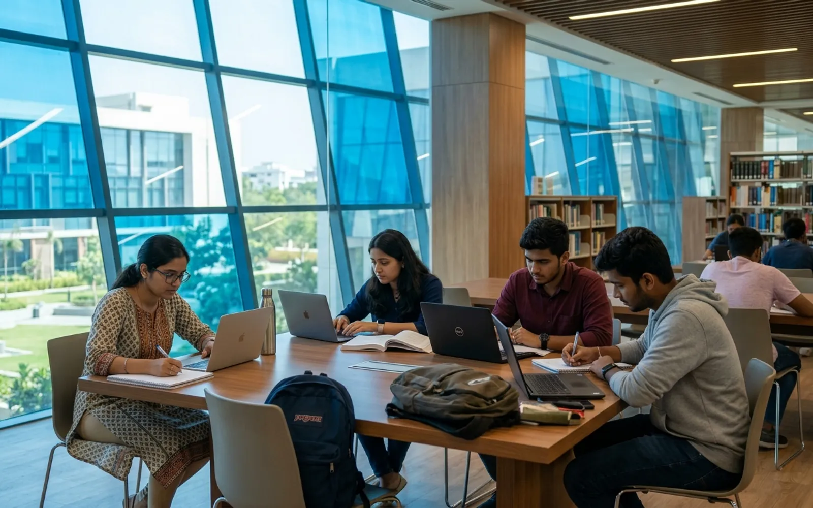 Indian collegiate students collaborating in the sunlit university library